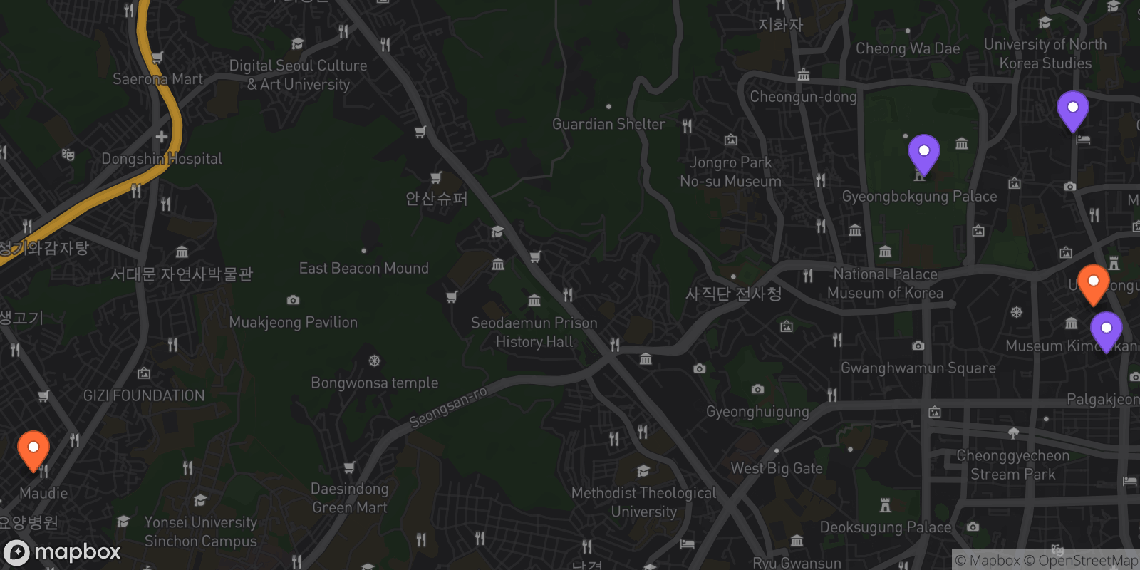 Map showing 5 locations