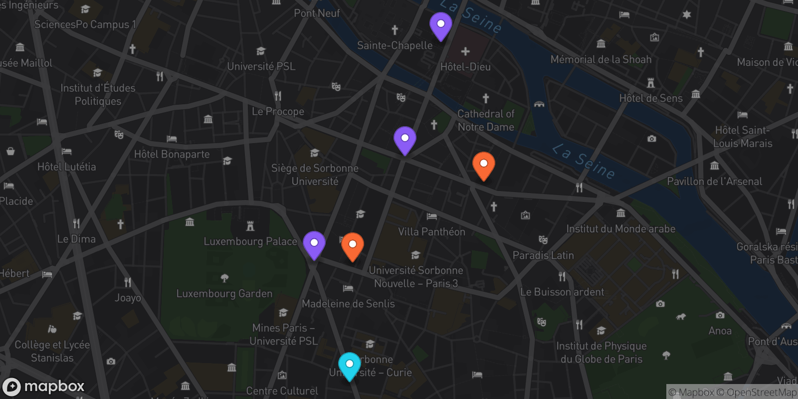 Map showing 6 locations