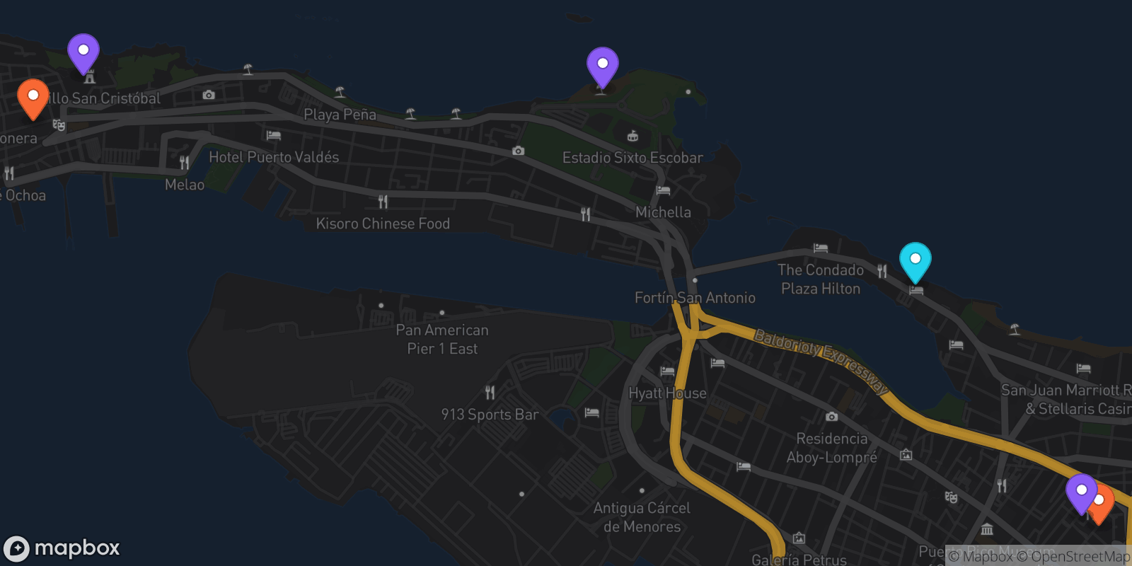 Map showing 6 locations