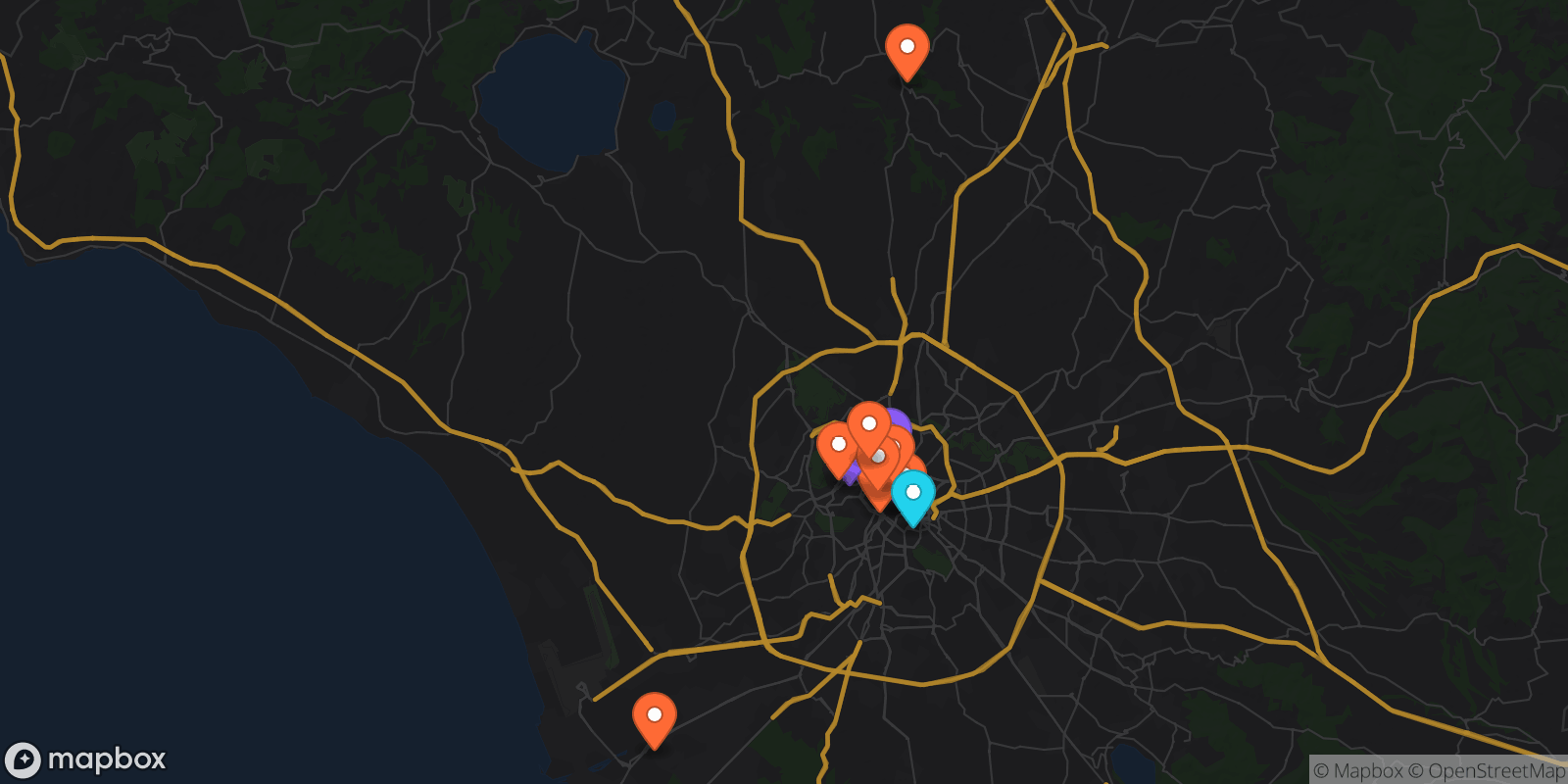 Map showing 13 locations