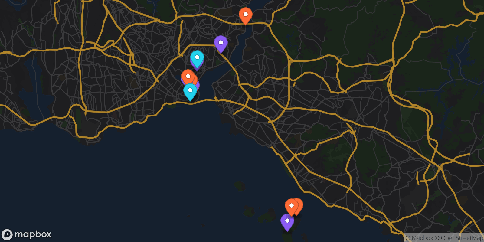 Map showing 13 locations