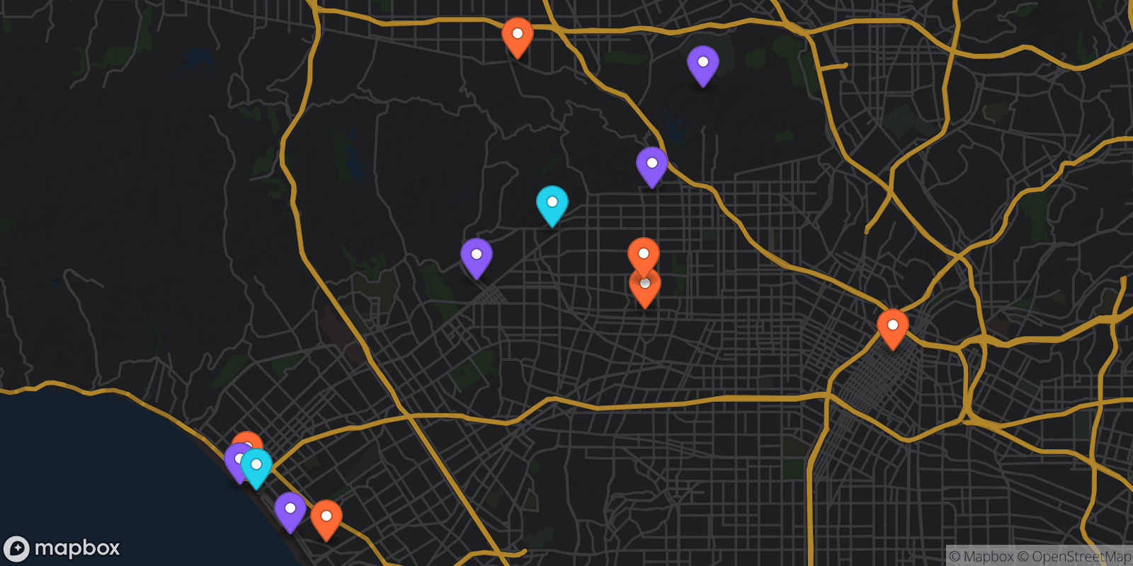 Map showing 13 locations