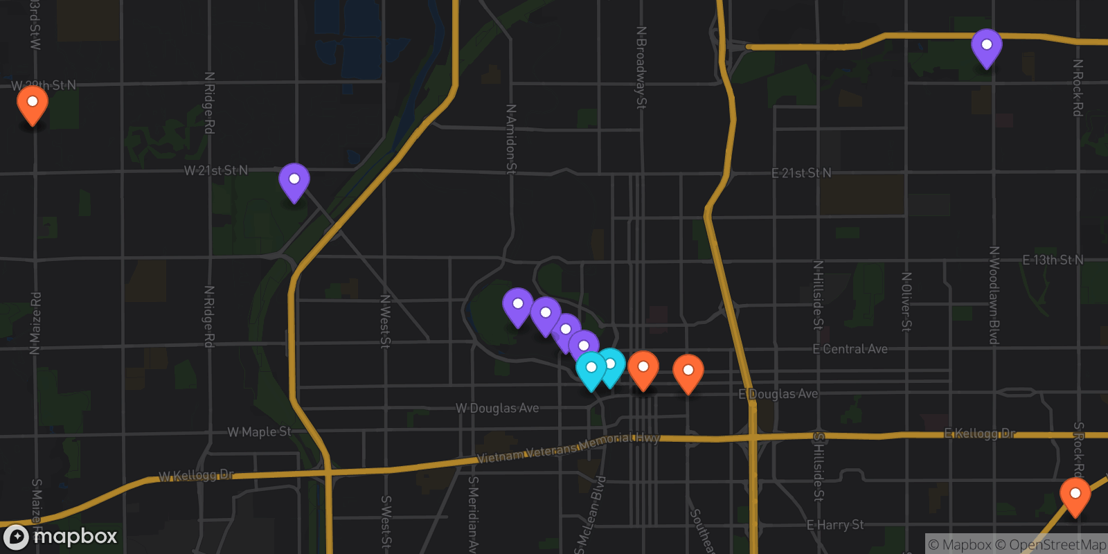 Map showing 15 locations