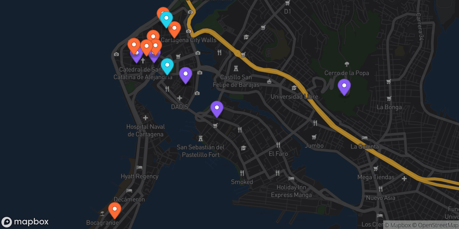 Map showing 15 locations