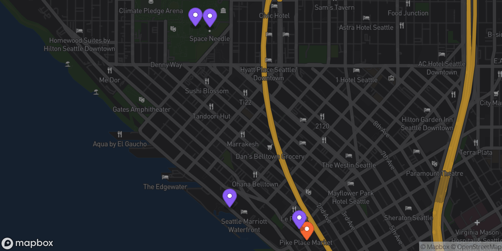 Map showing 5 locations
