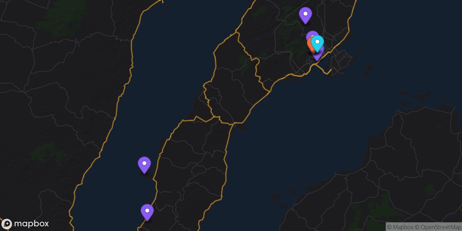 Map showing 13 locations