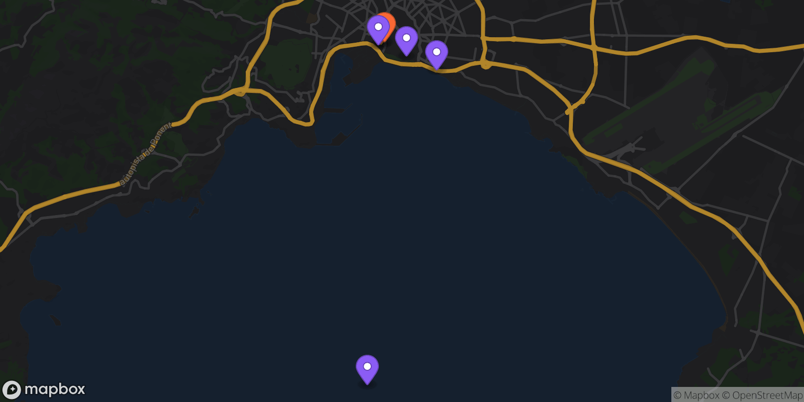 Map showing 6 locations