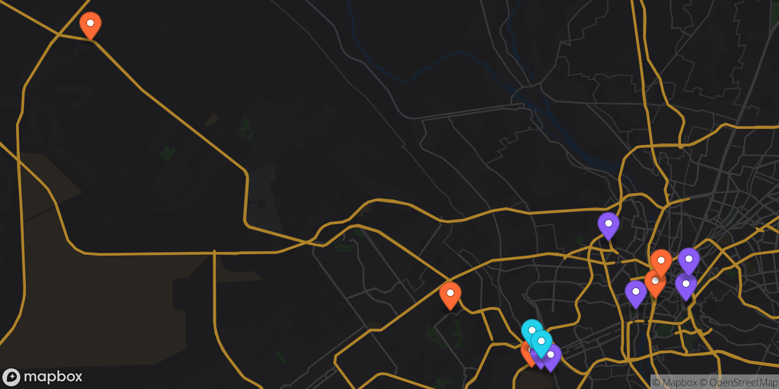 Map showing 13 locations