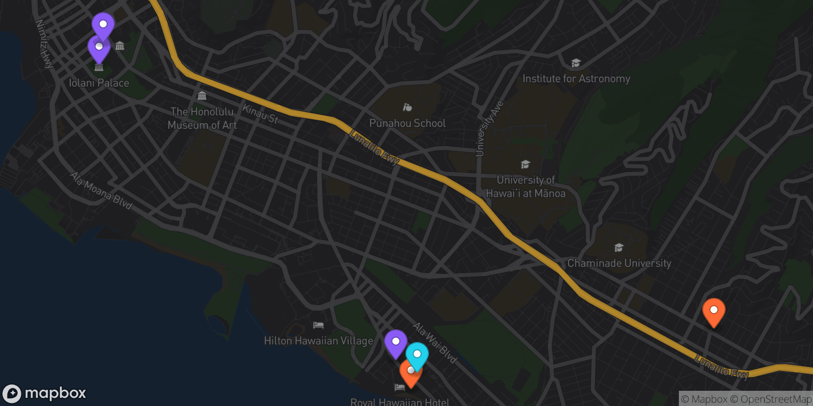 Map showing 6 locations