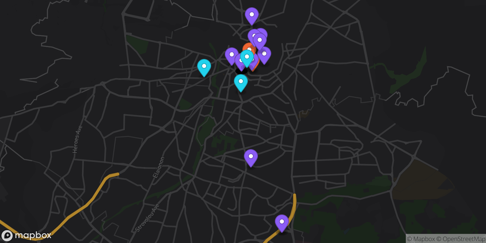 Map showing 34 locations