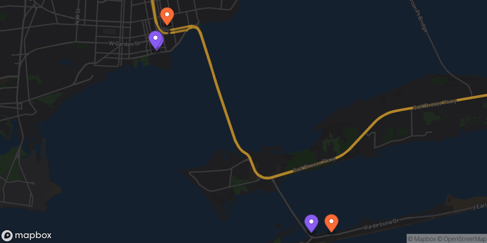 Map showing 5 locations