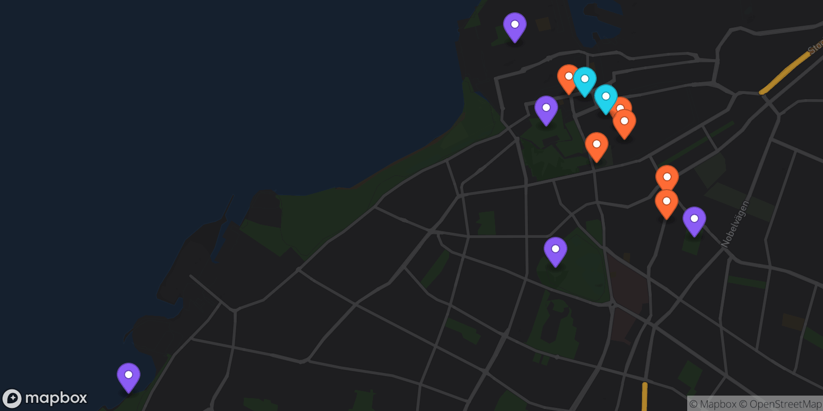 Map showing 13 locations