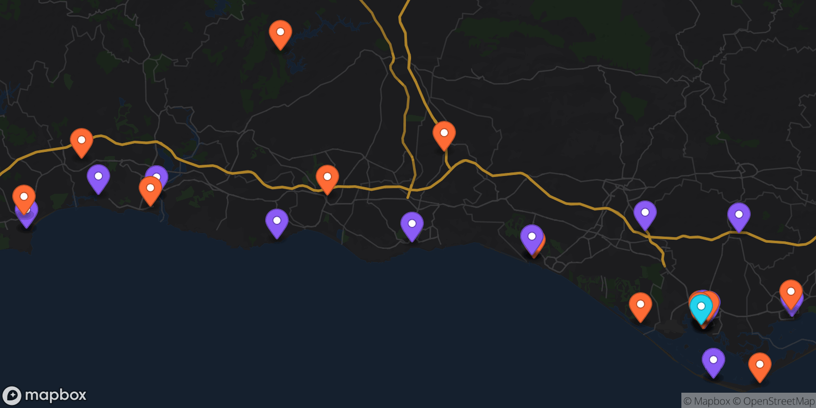 Map showing 43 locations