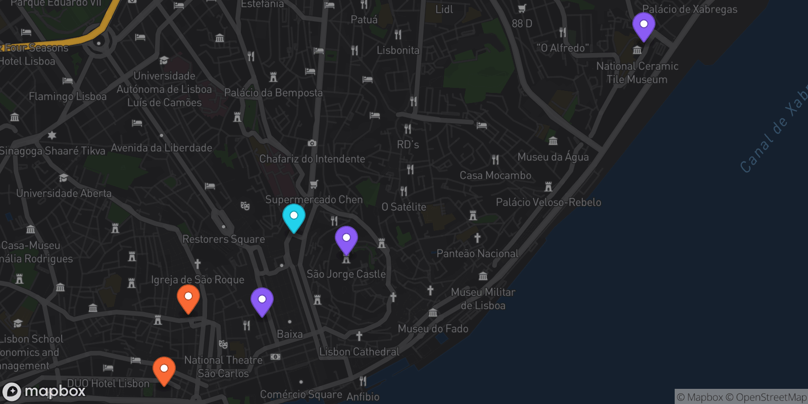 Map showing 6 locations