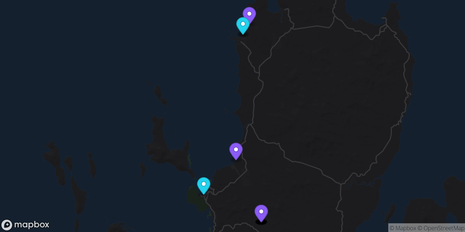 Map showing 16 locations