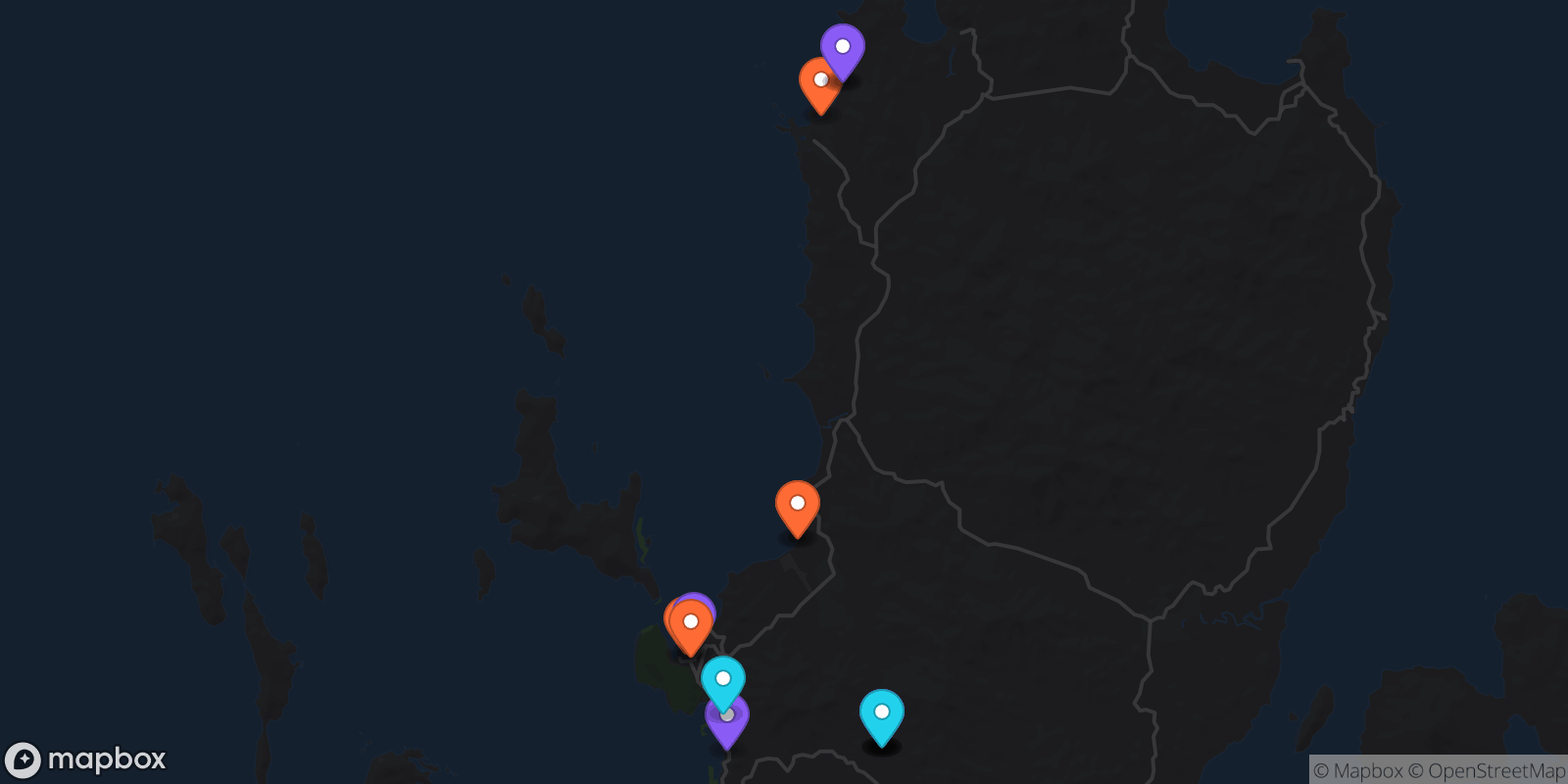 Map showing 15 locations
