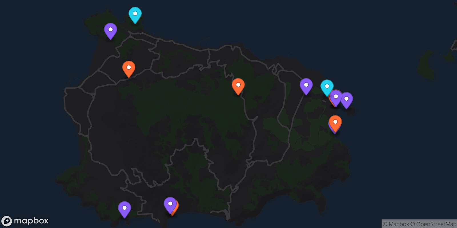Map showing 15 locations