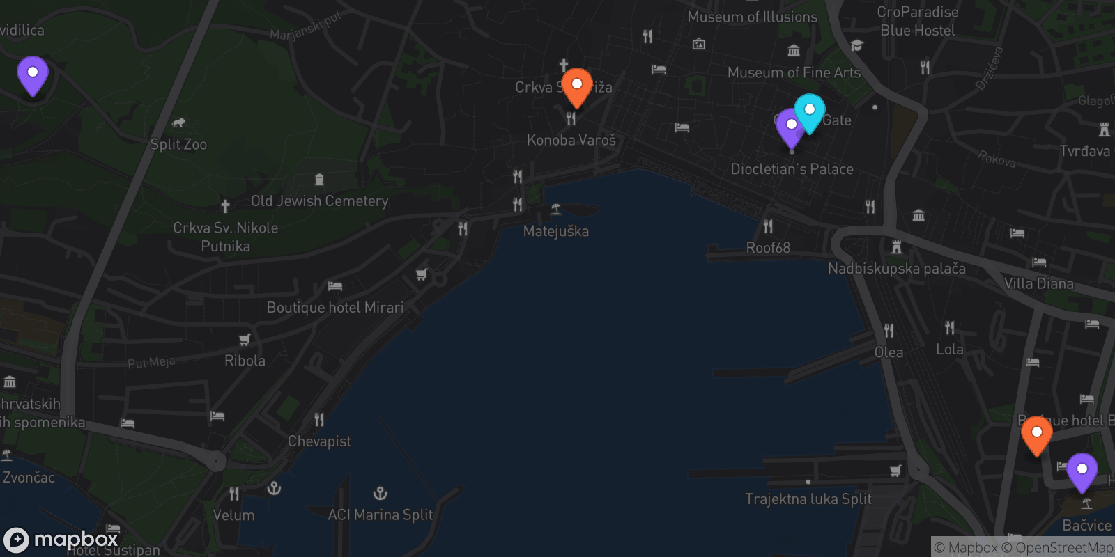 Map showing 6 locations