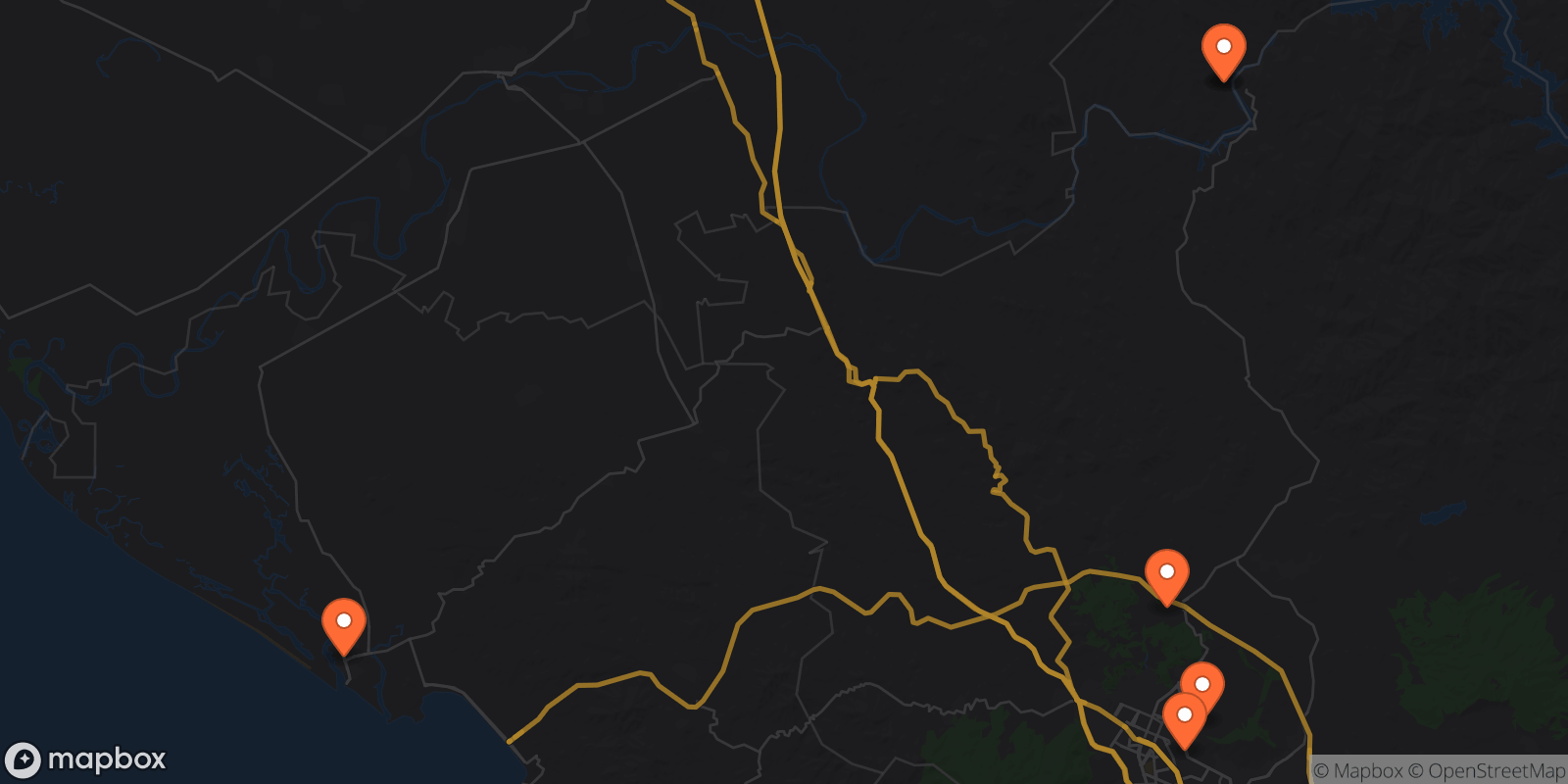 Map showing 6 locations