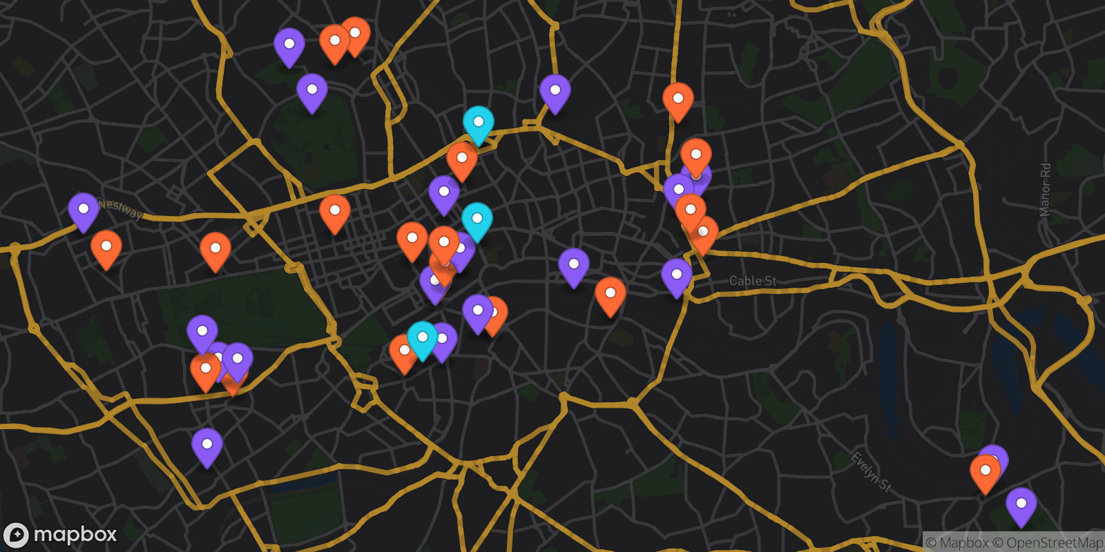 Map showing 43 locations