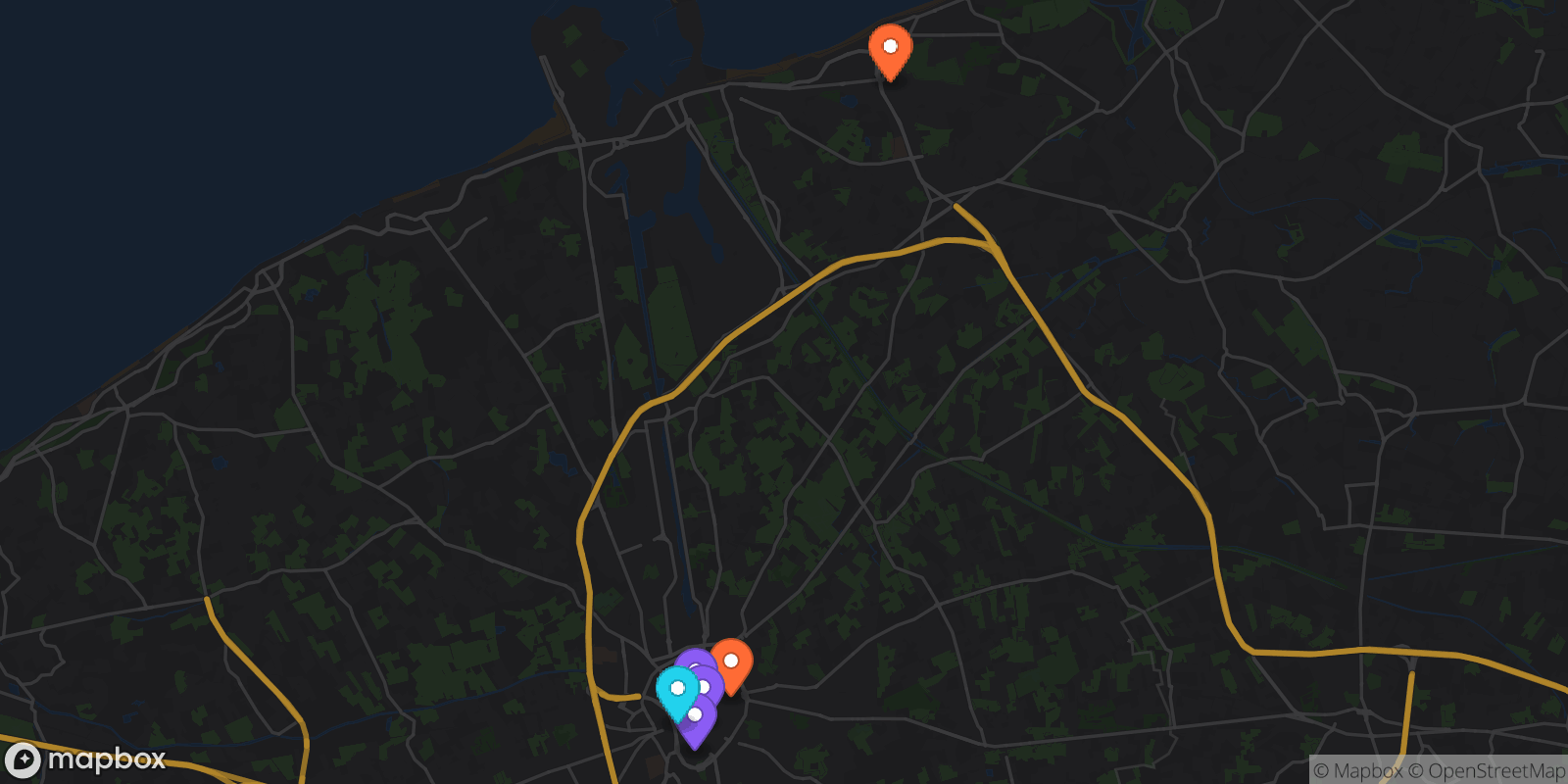 Map showing 6 locations