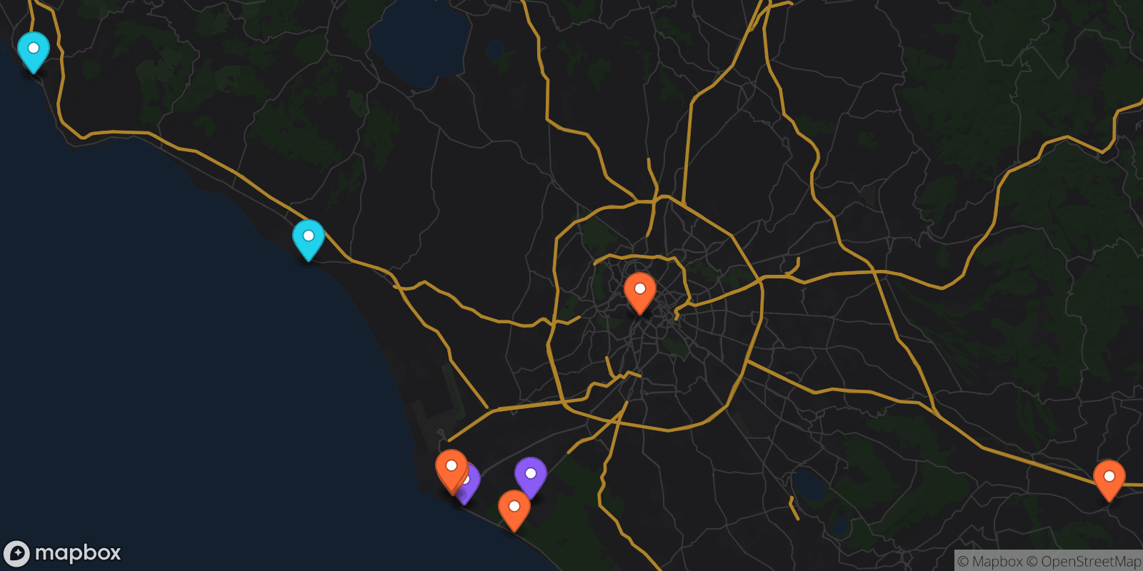 Map showing 13 locations