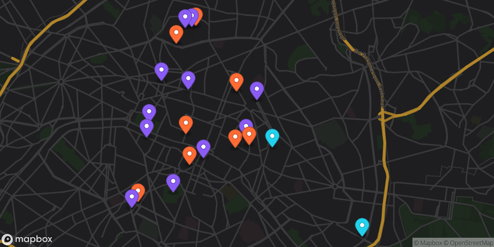 Map showing 21 locations