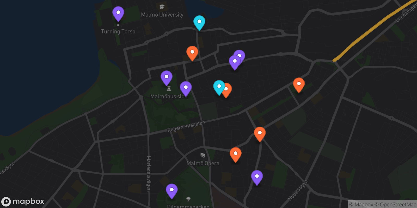 Map showing 14 locations