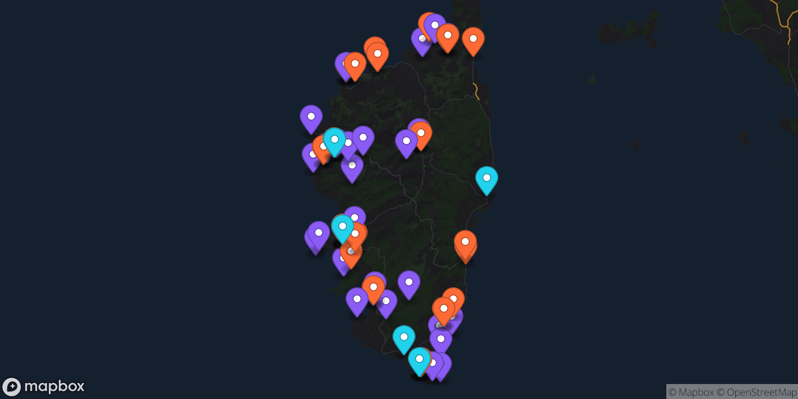 Map showing 68 locations