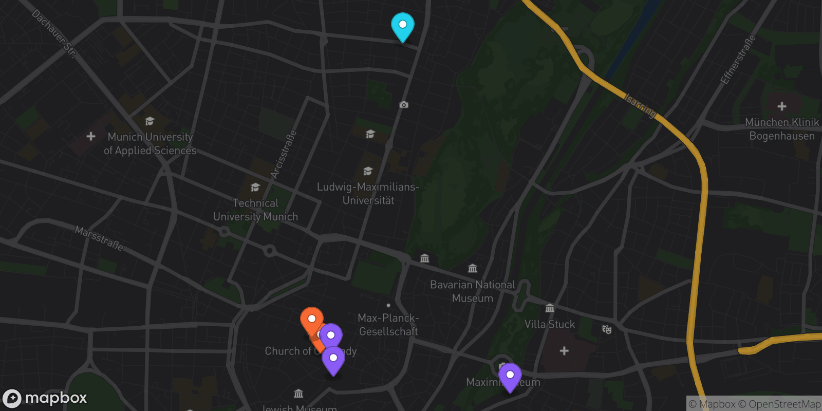 Map showing 6 locations