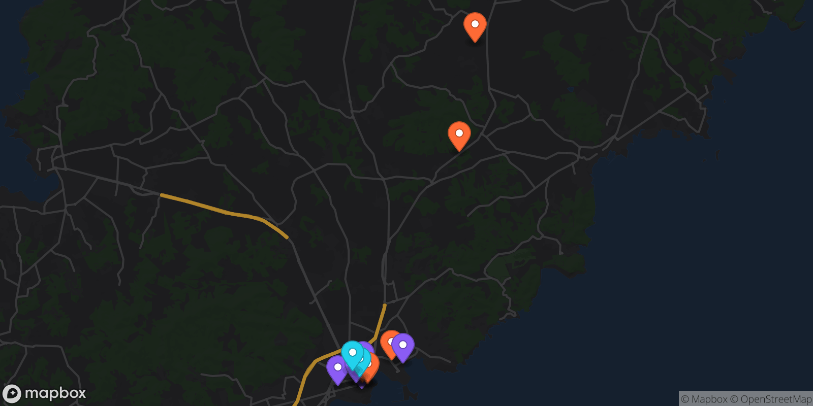 Map showing 16 locations