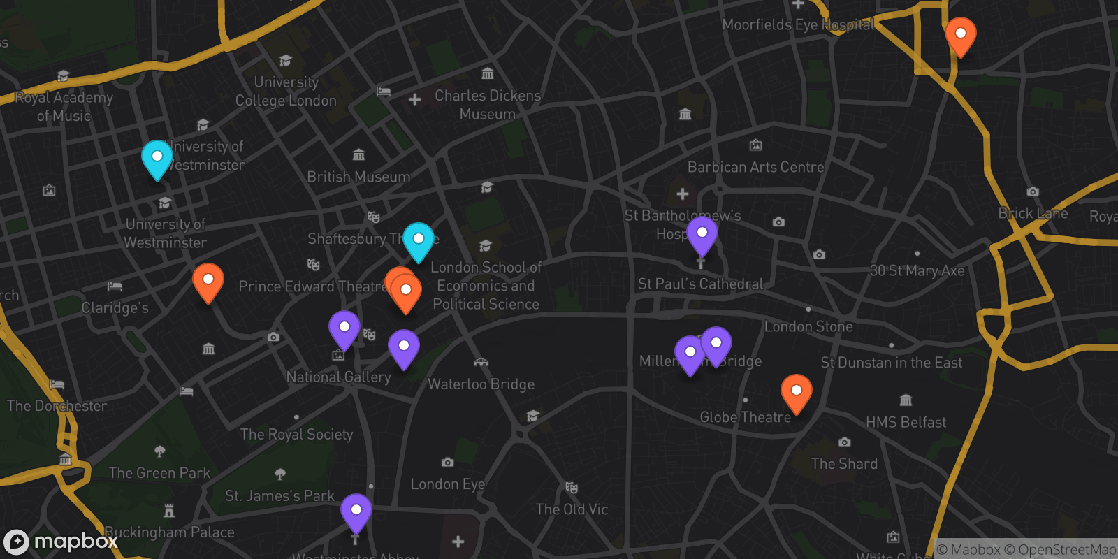Map showing 13 locations