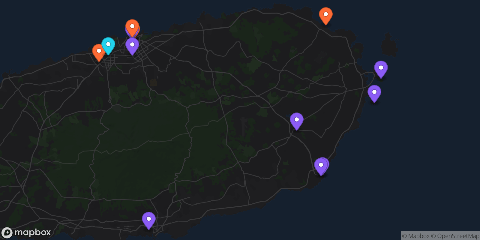 Map showing 13 locations