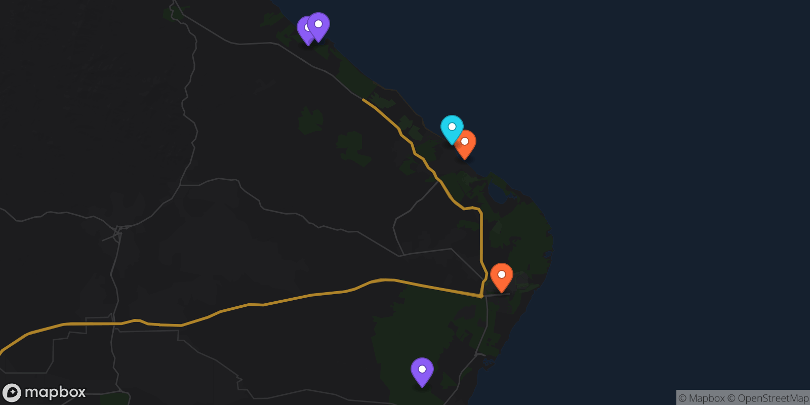 Map showing 6 locations