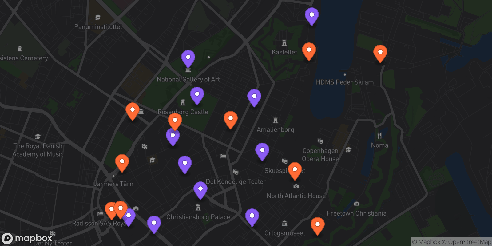 Map showing 21 locations