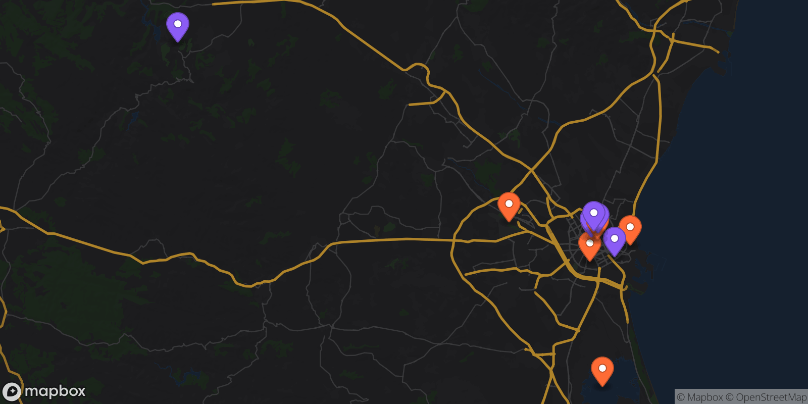 Map showing 13 locations
