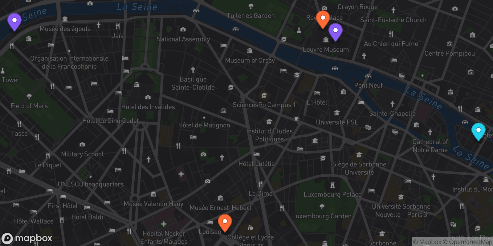 Map showing 5 locations