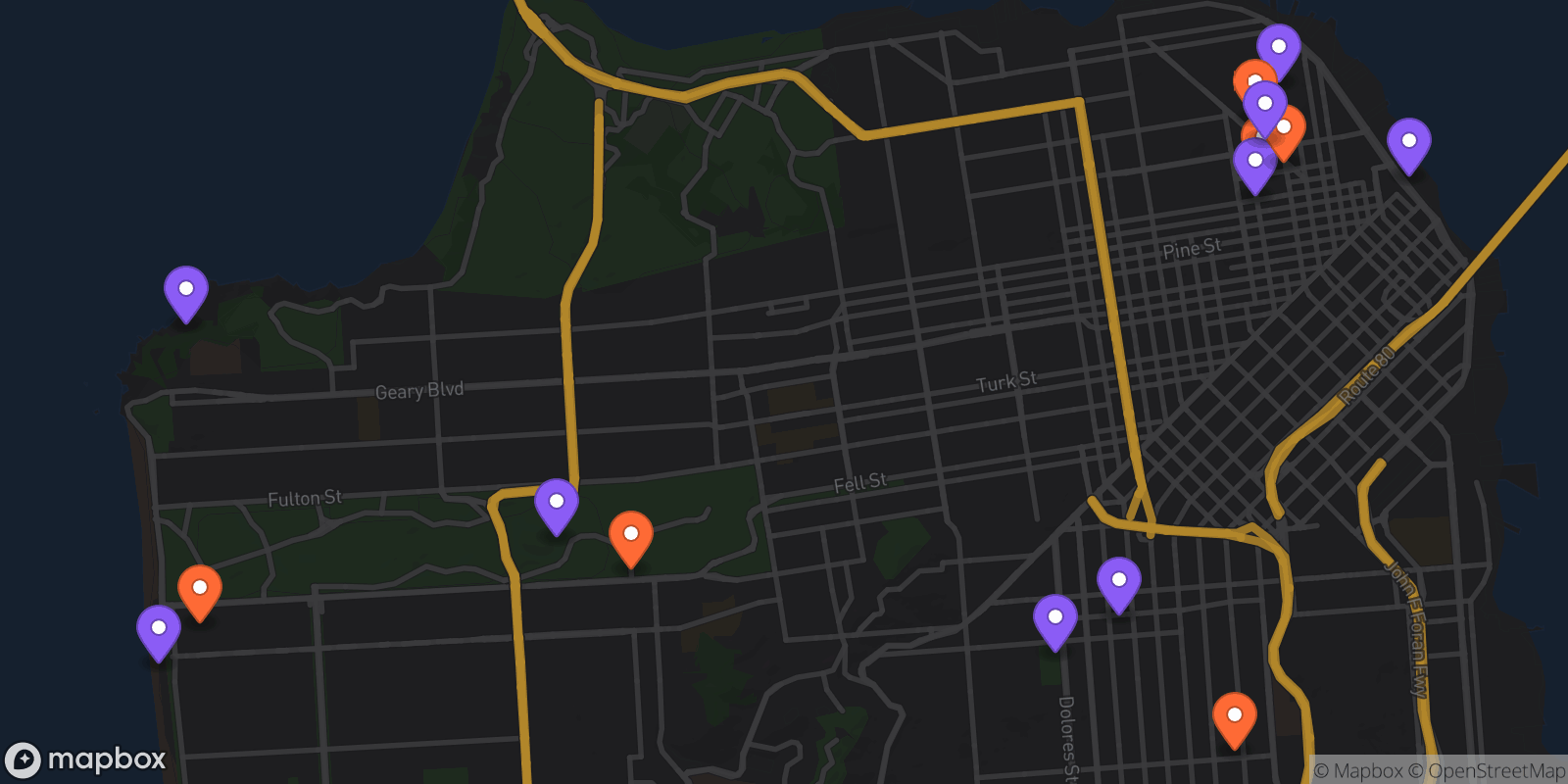 Map showing 15 locations