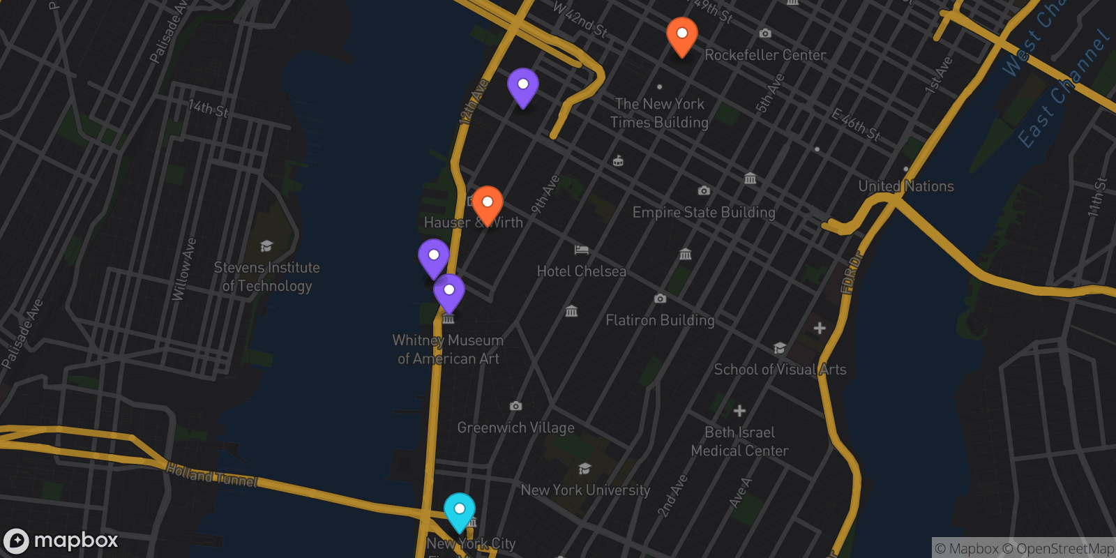 Map showing 6 locations
