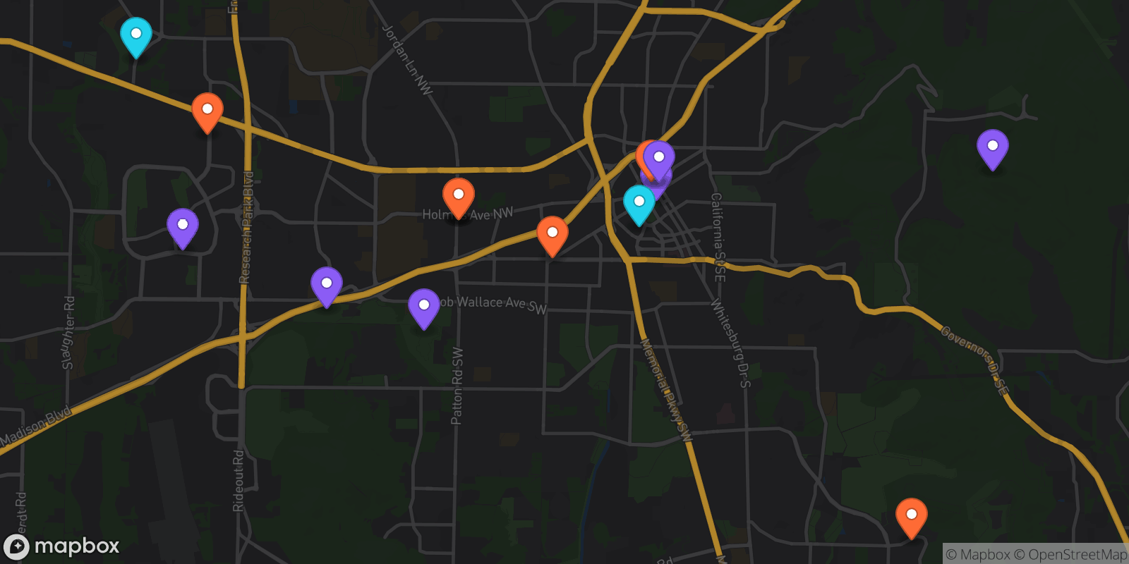 Map showing 15 locations