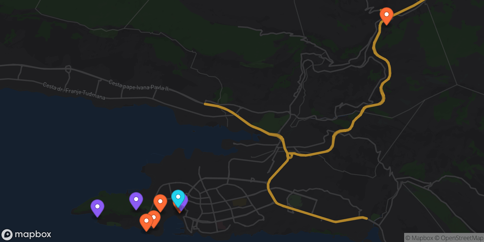 Map showing 10 locations