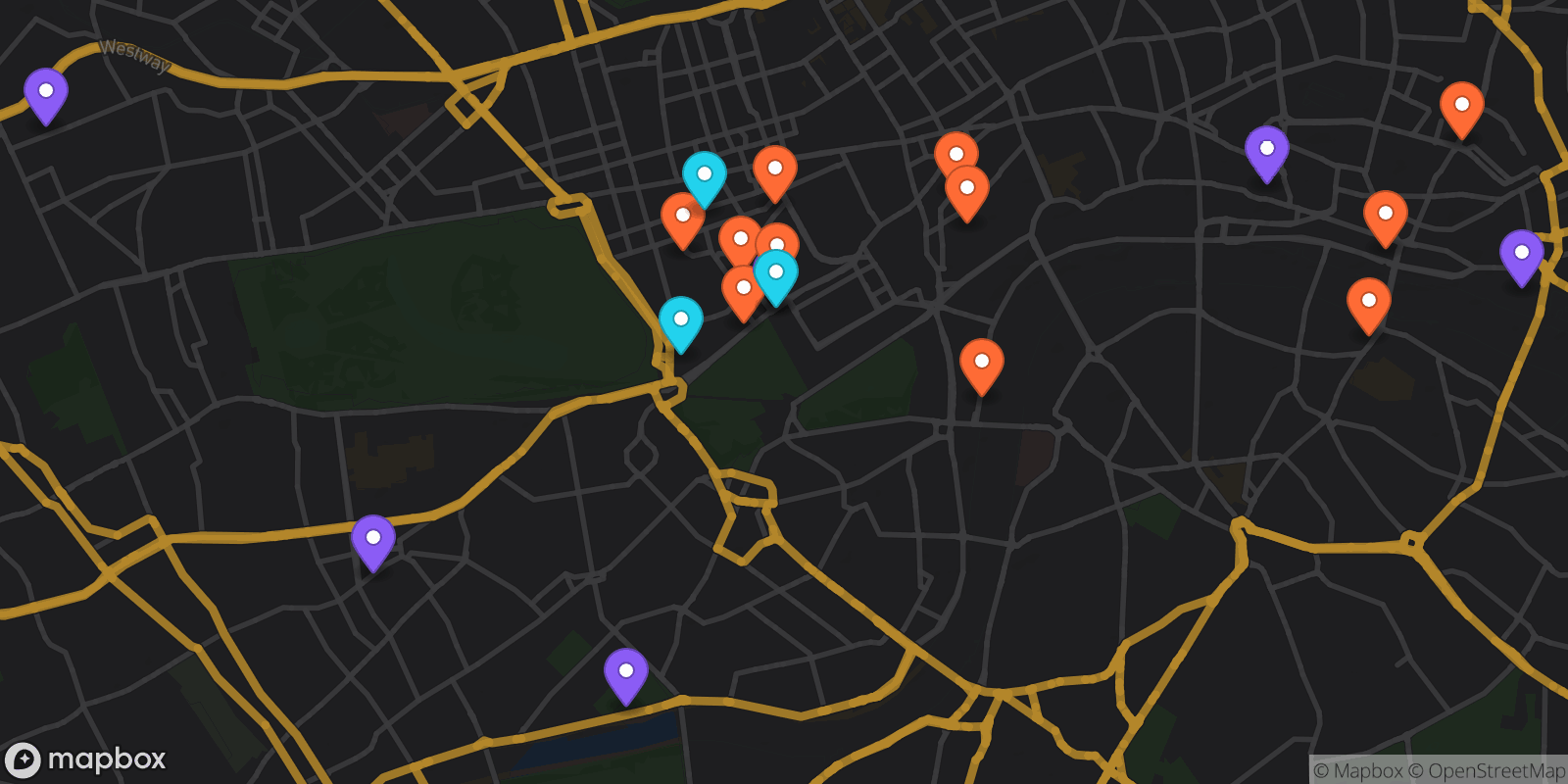 Map showing 20 locations