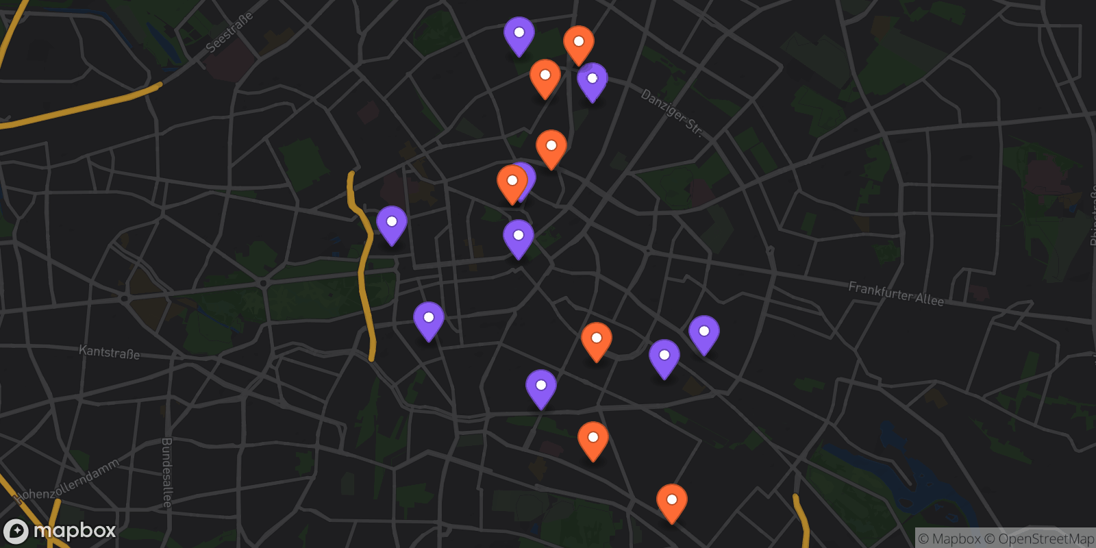 Map showing 16 locations
