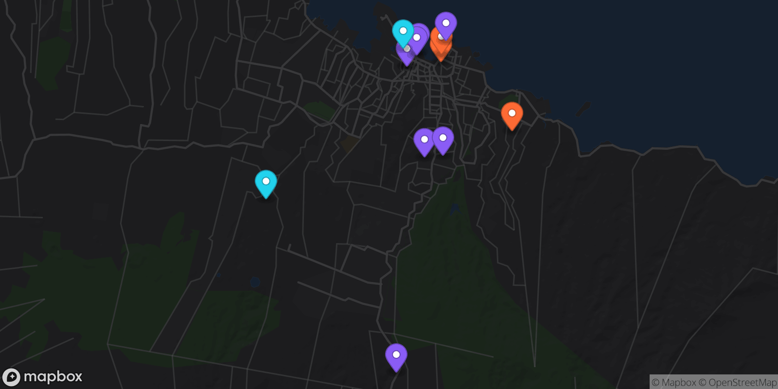 Map showing 13 locations