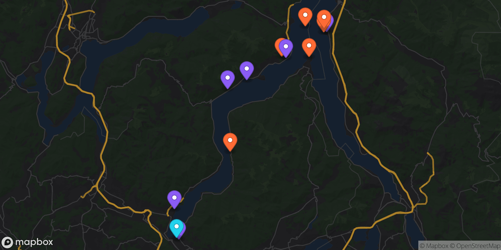 Map showing 13 locations