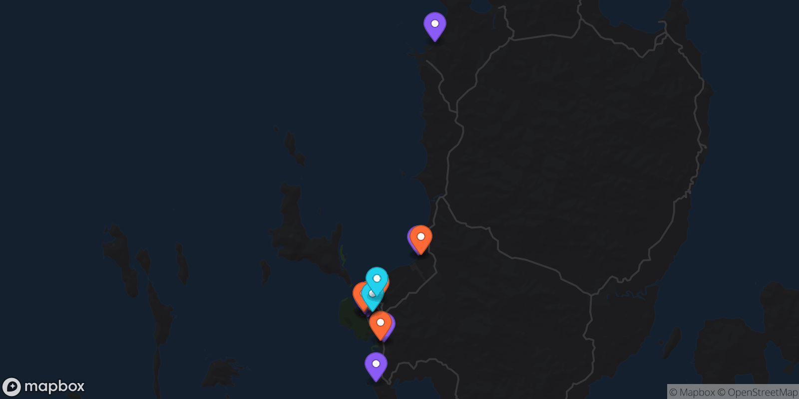 Map showing 15 locations