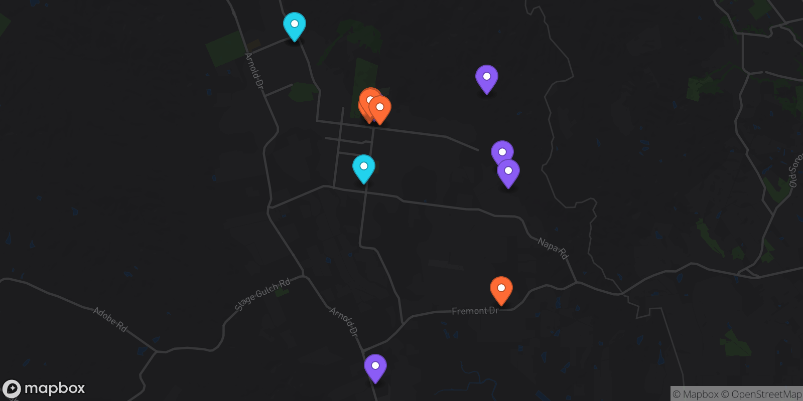 Map showing 13 locations