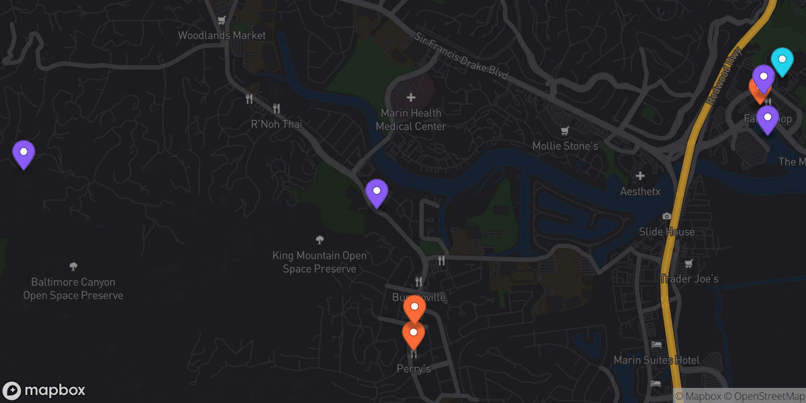 Map showing 8 locations