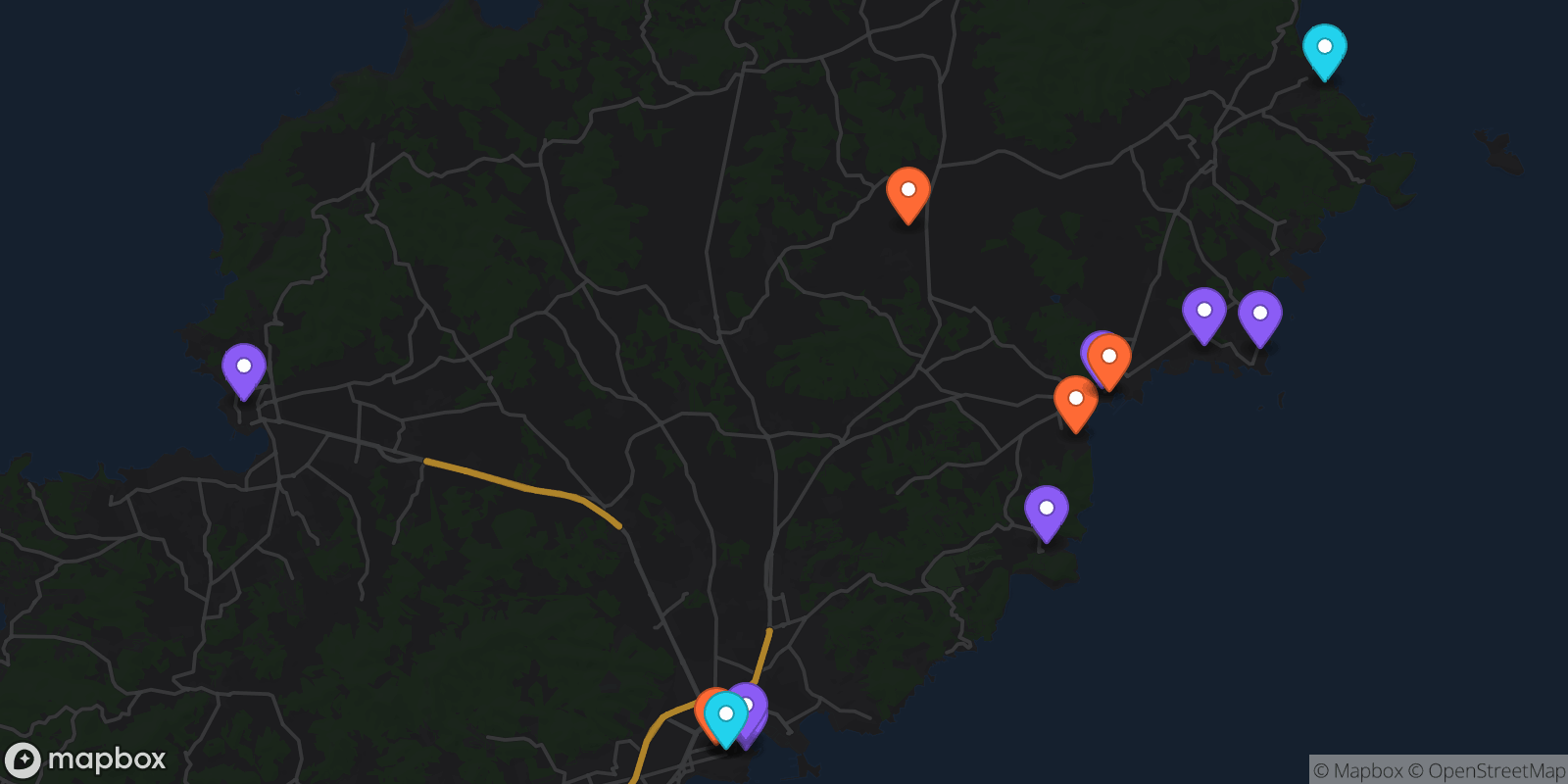 Map showing 15 locations