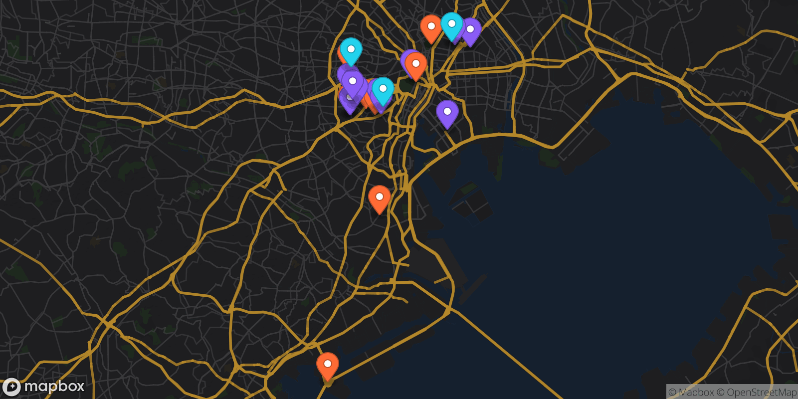 Map showing 21 locations